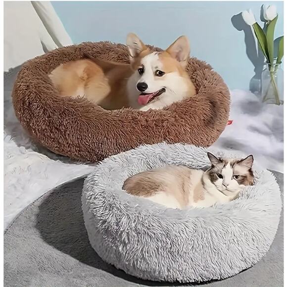 Pet Bed Plush Dog Cat Fluffy Luxury Taupe Medium 19.7" Round Non Slip - Picture 5 of 7